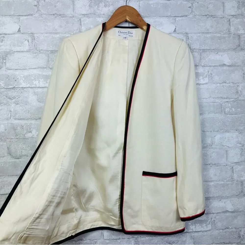 Vintage Christian Dior Linen Blend Jacket Size 6 Cream Black Red Classic Prep